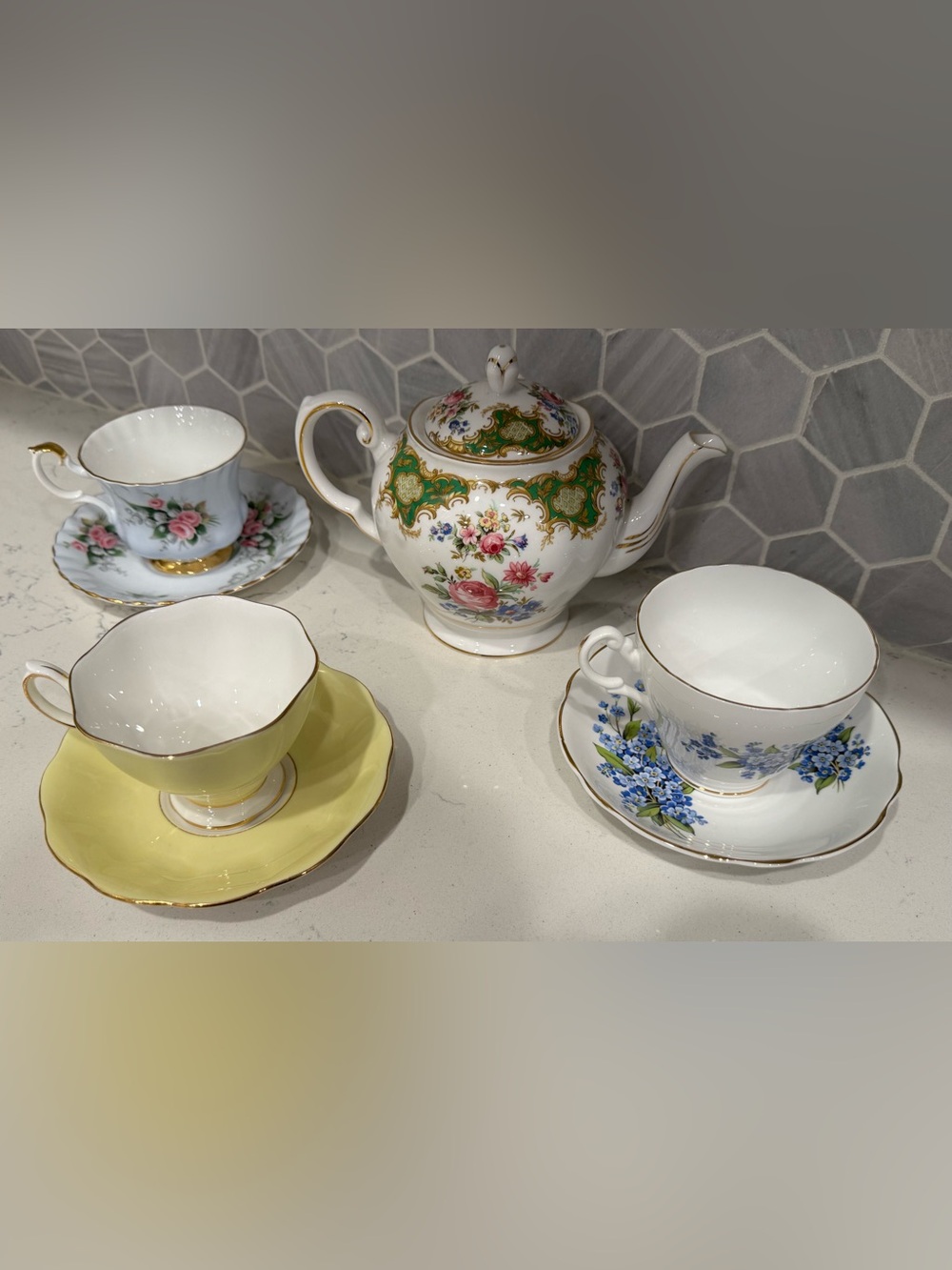 Vintage English Bone China Tea Set Tuscan Teapot Royal Albert Ascot 3 Cups